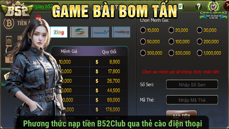 Phương thức nạp tiền B52Club qua thẻ cào điện thoại